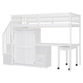 Twin Size Loft Bed with Stairs, Bookshelf, Drawers, Desk & Wardrobe