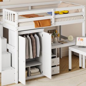 Twin Size Loft Bed with Stairs, Bookshelf, Drawers, Desk & Wardrobe