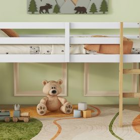 Rubber Wooden Twin Loft Bed with Ladder,  Natural White