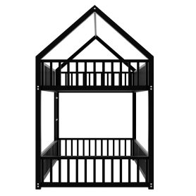 Metal Twin Over Twin House Bunk Bed With Fence And Door