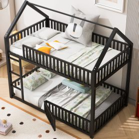 Metal Twin Over Twin House Bunk Bed With Fence And Door