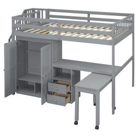Full Size Loft Bed with Stairs, Bookshelf, Drawers, Desk & Wardrobe