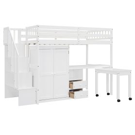 Twin Size Loft Bed with Stairs, Bookshelf, Drawers, Desk & Wardrobe