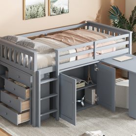 Rubber Wood Twin Loft Bed With Storage Cabinet, Drawer and Shelf Cabinet and Pulling-Out Desk