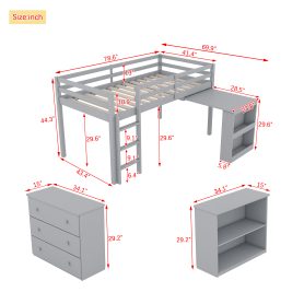 Rubber Wood Twin Loft Bed With Drawer Cabinet, Shelf Cabinet, Pulling-out Desk And Safety Guardrail 50 Rubber Wood Twin Loft Bed With Drawer Cabinet, Shelf Cabinet, Pulling-out Desk And Safety Guardrail
