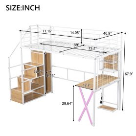 Twin Size Metal Loft Bed with Built-in Work Station, Wardrobe, Storage Staircase and LED