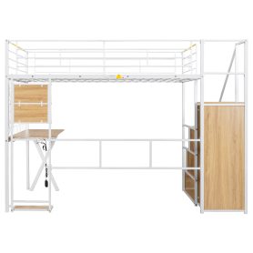 Full Size Metal Loft Bed with Built-in Work Station, Wardrobe, Storage Staircase and LED