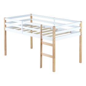 Rubber Wooden Twin Loft Bed with Ladder,  Natural White