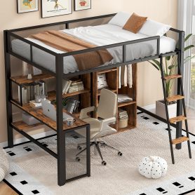 Full Size Metal Loft bed with Built-in Desk, Wardrobeand Shelves