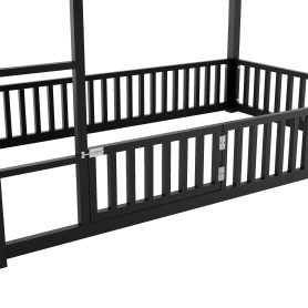 Metal Twin Over Twin House Bunk Bed With Fence And Door