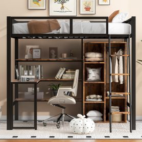 Full Size Metal Loft bed with Built-in Desk, Wardrobeand Shelves