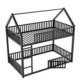 Metal Twin Over Twin House Bunk Bed With Fence And Door