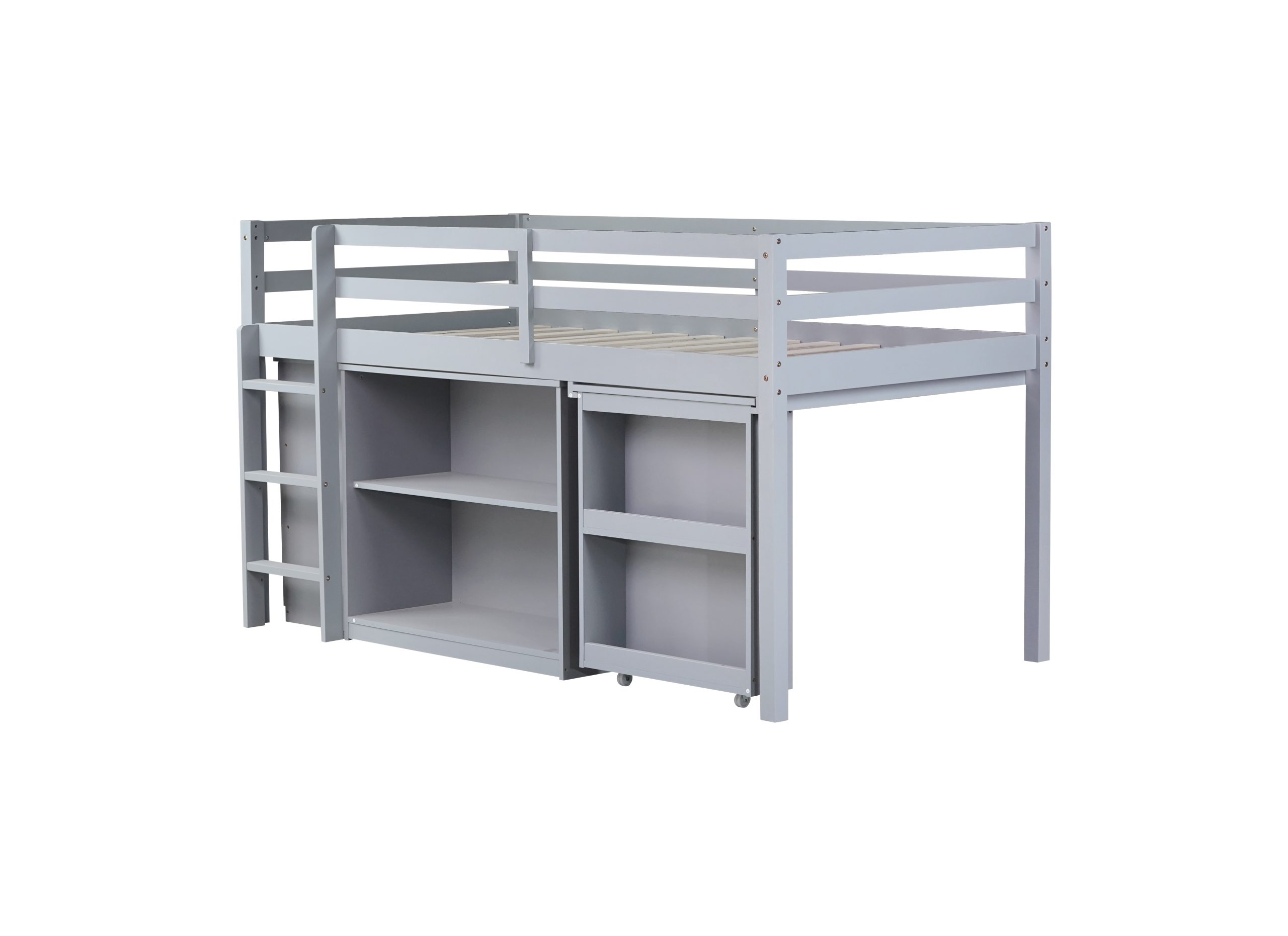 Rubber Wood Twin Loft Bed With Drawer Cabinet, Shelf Cabinet, Pulling-out Desk And Safety Guardrail 27 Rubber Wood Twin Loft Bed With Drawer Cabinet, Shelf Cabinet, Pulling-out Desk And Safety Guardrail