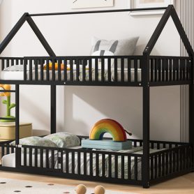 Metal Twin Over Twin House Bunk Bed With Fence And Door