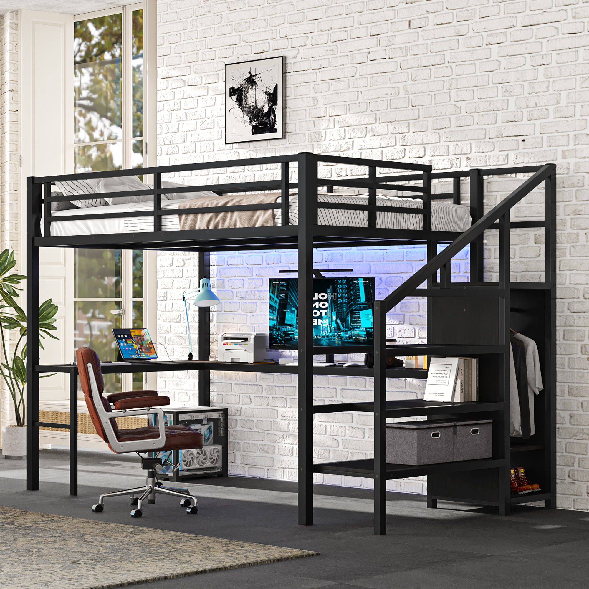 Metal Full Size Loft Bed With L-Shaped Desk And USB,  Wardrobe And Adjustable Shelf
