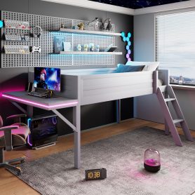 Wood Twin Size Gaming Loft Bed with Desk and LED