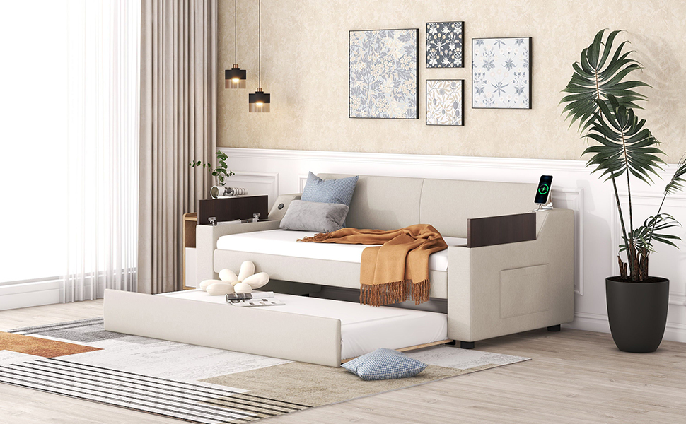 Twin Size Upholstery Daybed with Storage Arms, Trundle and USB 9 Twin Size Upholstery Daybed with Storage Arms, Trundle and USB