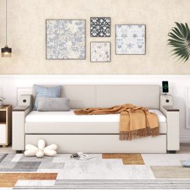 Twin Size Upholstery Daybed with Storage Arms, Trundle and USB