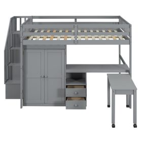 Full Size Loft Bed with Stairs, Bookshelf, Drawers, Desk & Wardrobe