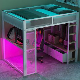 Full Size Metal Gaming Loft Bed with LED, Desk, Open Wardrobe and 3 Linen Storage Drawers