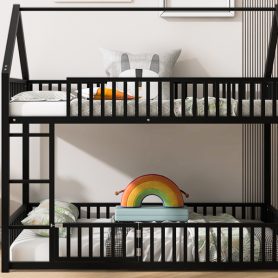 Metal Twin Over Twin House Bunk Bed With Fence And Door
