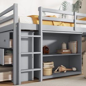 Rubber Wood Twin Loft Bed With Drawer Cabinet, Shelf Cabinet, Pulling-out Desk And Safety Guardrail 40 Rubber Wood Twin Loft Bed With Drawer Cabinet, Shelf Cabinet, Pulling-out Desk And Safety Guardrail