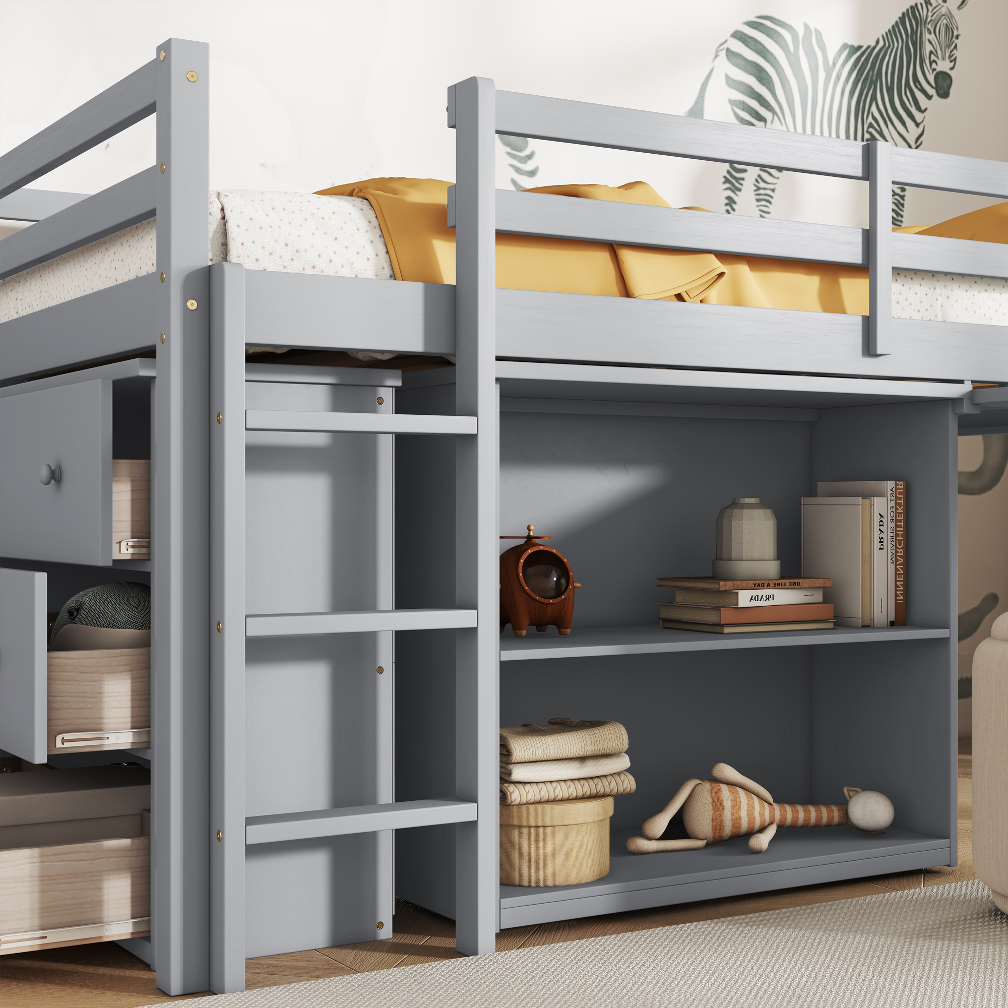 Rubber Wood Twin Loft Bed With Drawer Cabinet, Shelf Cabinet, Pulling-out Desk And Safety Guardrail 15 Rubber Wood Twin Loft Bed With Drawer Cabinet, Shelf Cabinet, Pulling-out Desk And Safety Guardrail