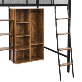 Full Size Metal Loft bed with Built-in Desk, Wardrobeand Shelves