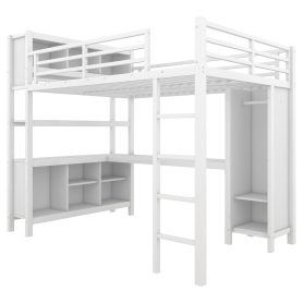 Full Size Metal Loft Bed With Wardrobe, L-shaped Desk, Storage Cubes And Shelves