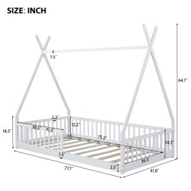 Twin Size Wood House Bed with Fence
