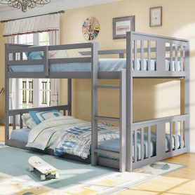 Solid Wood Low Twin Over Twin Bunk Bed with Ladder