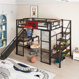 Full Size Metal Loft Bed with Built-in Desk, Open Wardrobe, Basketball hoop, Slide and Staircase