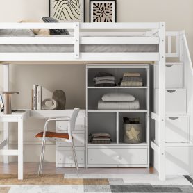 Full Size Loft Bed with L-Shaped Desk and Drawers, Cabinet and Storage Staircase