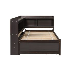 Twin Size L-shaped Bookcases Bed with Power Outlets, USB Charging Ports,Two Drawers