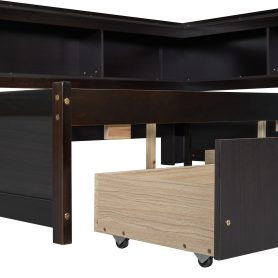 Full Size L-Shaped Bookcases Bed With Power Outlets, USB Charging Ports, Two Drawers