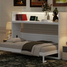Twin XL Size Murphy Bed with Desk,LED Light and USB Charging Station