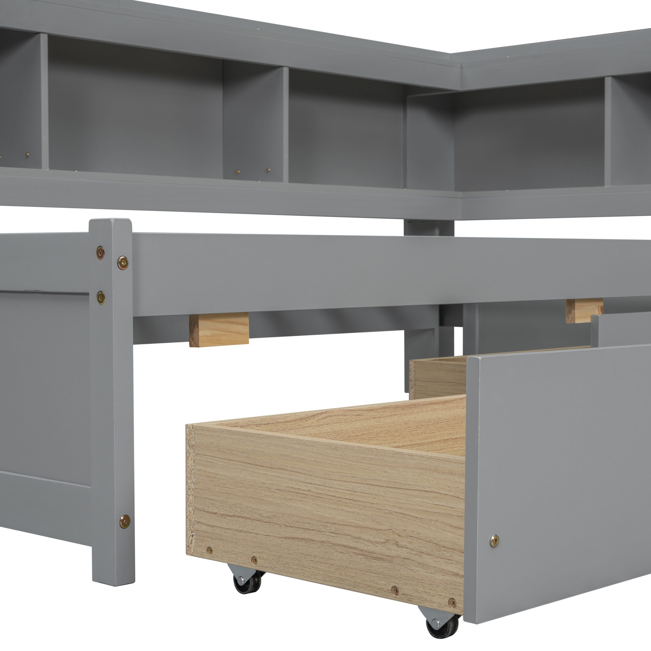 Twin Size L-Shaped Bookcases Bed with Power Outlets, USB Charging Ports, Two Drawers 7 Twin Size L-Shaped Bookcases Bed with Power Outlets, USB Charging Ports, Two Drawers