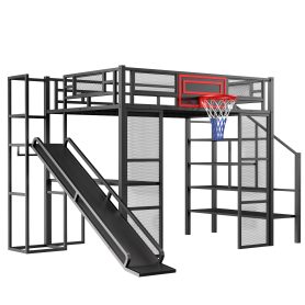 Full Size Metal Loft Bed with Built-in Desk, Open Wardrobe, Basketball hoop, Slide and Staircase