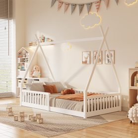 Twin Size Wood House Bed with Fence