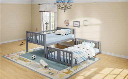 Solid Wood Low Twin Over Twin Bunk Bed with Ladder