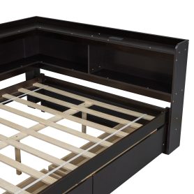 Full Size L-Shaped Bookcases Bed With Power Outlets, USB Charging Ports, Two Drawers