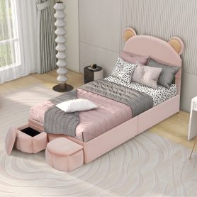 Twin Size Upholstered Platform Bed Frame with Cartoon Bear Ears