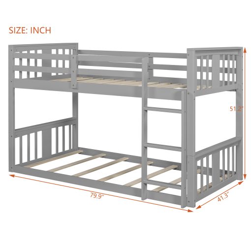 Solid Wood Low Twin Over Twin Bunk Bed with Ladder