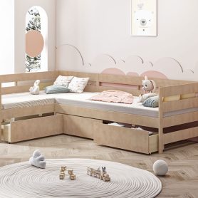 Twin Size L-Shaped Platform Bed With Three Storage Drawers