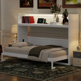 Twin XL Size Murphy Bed with Desk,LED Light and USB Charging Station