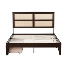 Full Size Platfrom Bed with Rattan Headboard, Two Storage Drawers