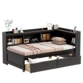 Twin Size L-shaped Bookcases Bed with Power Outlets, USB Charging Ports,Two Drawers