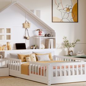 Full Size House Bed With Window, Bedside Drawers, Shelves And A Set Of Sockets And USB Port