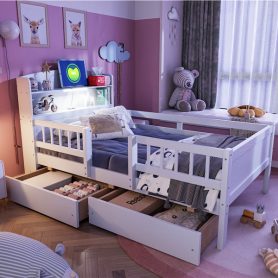 Wood Twin Size Platform Bed With Built-in Led Light, Multi-functional Headboard, Guardrail And 2 Drawers 27 Wood Twin Size Platform Bed With Built-in Led Light, Multi-functional Headboard, Guardrail And 2 Drawers
