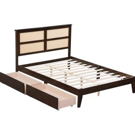 Full Size Platfrom Bed with Rattan Headboard, Two Storage Drawers